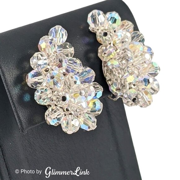 VTG AB Aurora Borealis Beaded Paisley Cluster Silver Tone Clip On Earrings - Picture 2 of 11